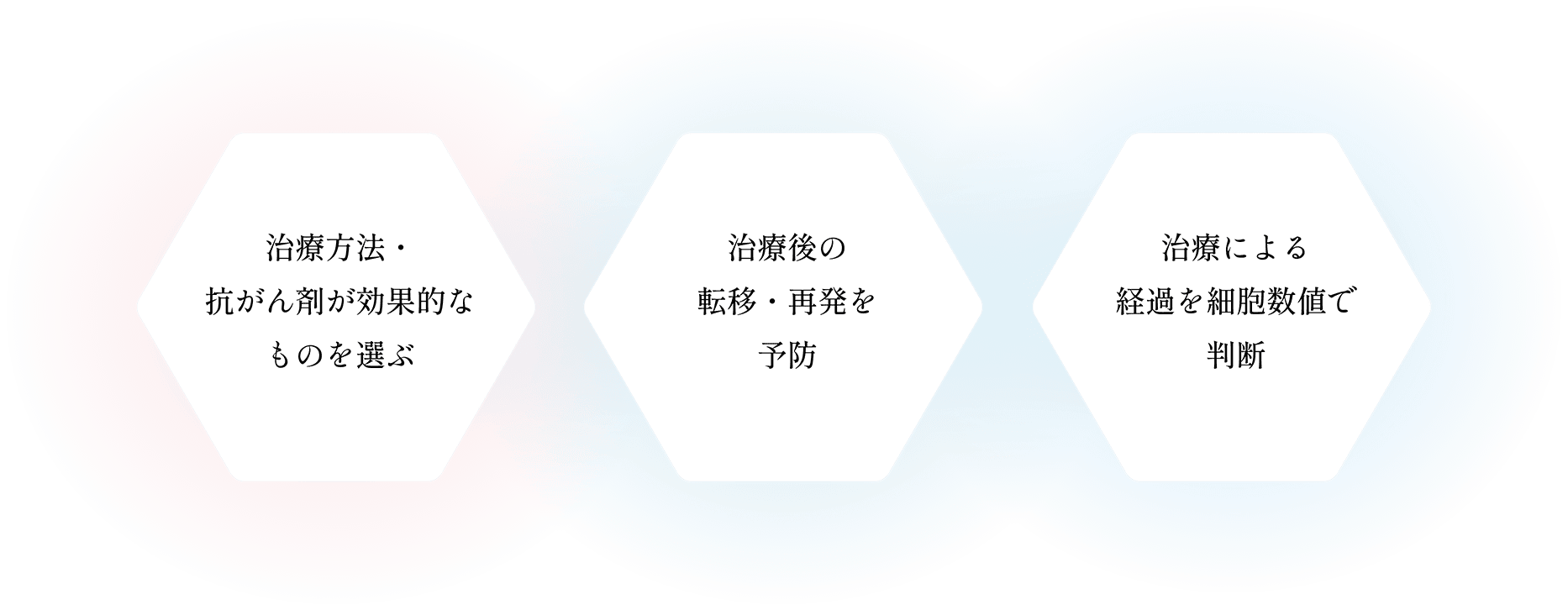 治療方法・抗がん剤が効果的なものを選ぶ 治療後の転移・再発を予防 治療による経過を細胞数値で判断